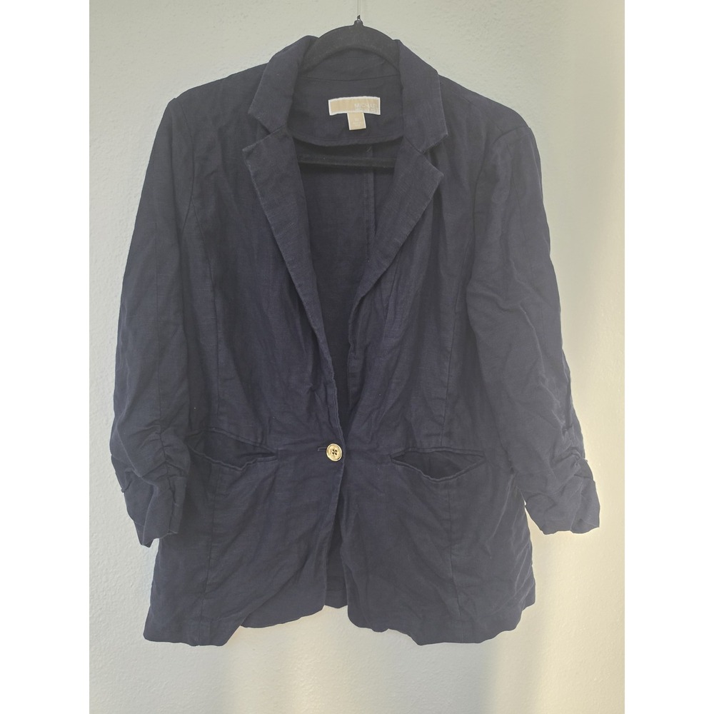 Michael Kors Blazer Size 10 Women Linen Navy Solid 3/4 Sleeve Jacket Coat